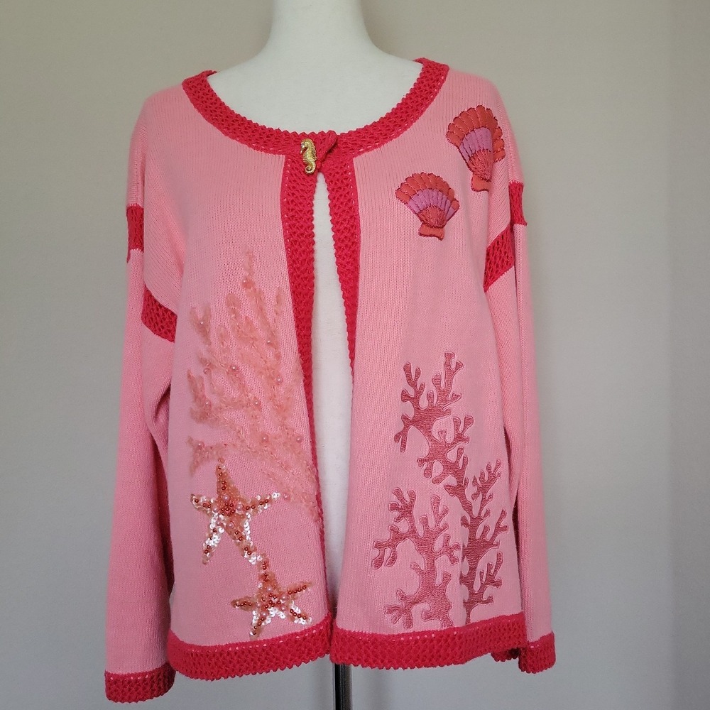 Storybook Knits Womens Cardigan Sz M Pink Seashell Seahorse Coral Coastal Granny
